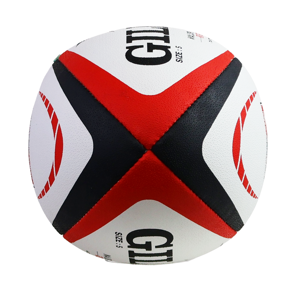 A white, red, and black stitched MLR Match Ball by Gilbert with "GILE" and "SIZE: 5" on its surface, reflecting the dynamic style of a Major League Rugby match ball from the brand Gilbert.