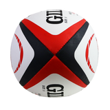 A white, red, and black stitched MLR Match Ball by Gilbert with "GILE" and "SIZE: 5" on its surface, reflecting the dynamic style of a Major League Rugby match ball from the brand Gilbert.