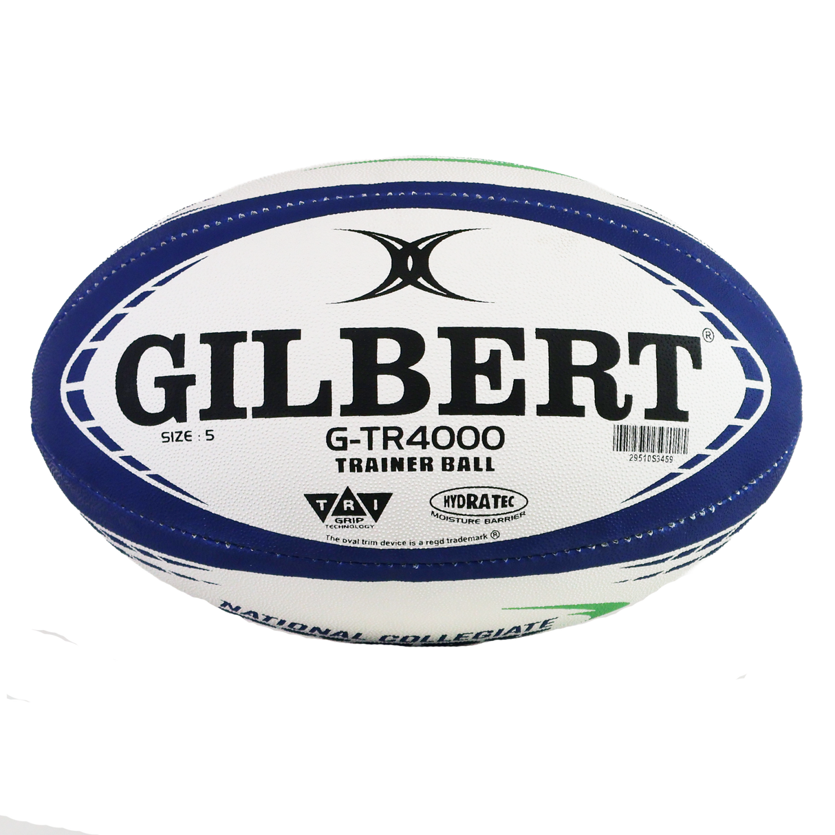 The Gilbert National Collegiate Rugby G-TR4000 Training Ball is a size 5 rugby ball with blue and green accents on a white background, designed for optimal training.