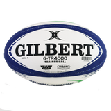 The Gilbert National Collegiate Rugby G-TR4000 Training Ball is a size 5 rugby ball with blue and green accents on a white background, designed for optimal training.