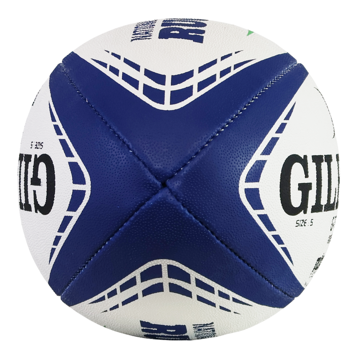 A close-up of the Gilbert National Collegiate Rugby G-TR4000 Training Ball, size 5, with white and blue textured panels and visible stitching.