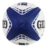 A close-up of the Gilbert National Collegiate Rugby G-TR4000 Training Ball, size 5, with white and blue textured panels and visible stitching.