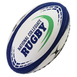The Gilbert National Collegiate Rugby G-TR4000 Training Ball is white and blue, with a green swoosh and "National Collegiate Rugby" printed on the side.