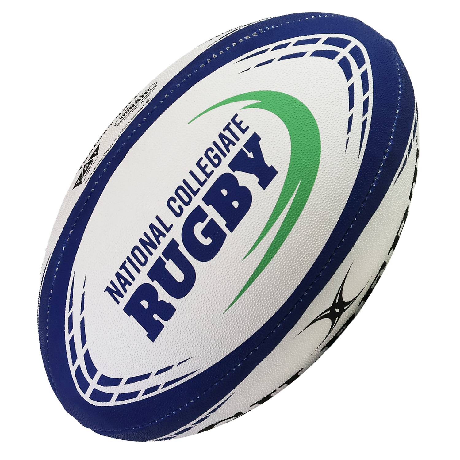 The Gilbert National Collegiate Rugby G-TR4000 Training Ball is white and blue, with a green swoosh and "National Collegiate Rugby" printed on the side.