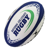 The Gilbert National Collegiate Rugby G-TR4000 Training Ball is white and blue, with a green swoosh and "National Collegiate Rugby" printed on the side.
