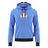 The Italy 25/26 Fleece Supporters Hoodie by Macron features a blue design, black drawstrings, front pouch pocket, laurel-embroidered F.I.R. Italia crest, and green/white/red stripes in the hood—a classic rugby hoodie from Macron.