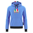 The Italy 25/26 Fleece Supporters Hoodie by Macron features a blue design, black drawstrings, front pouch pocket, laurel-embroidered F.I.R. Italia crest, and green/white/red stripes in the hood—a classic rugby hoodie from Macron.