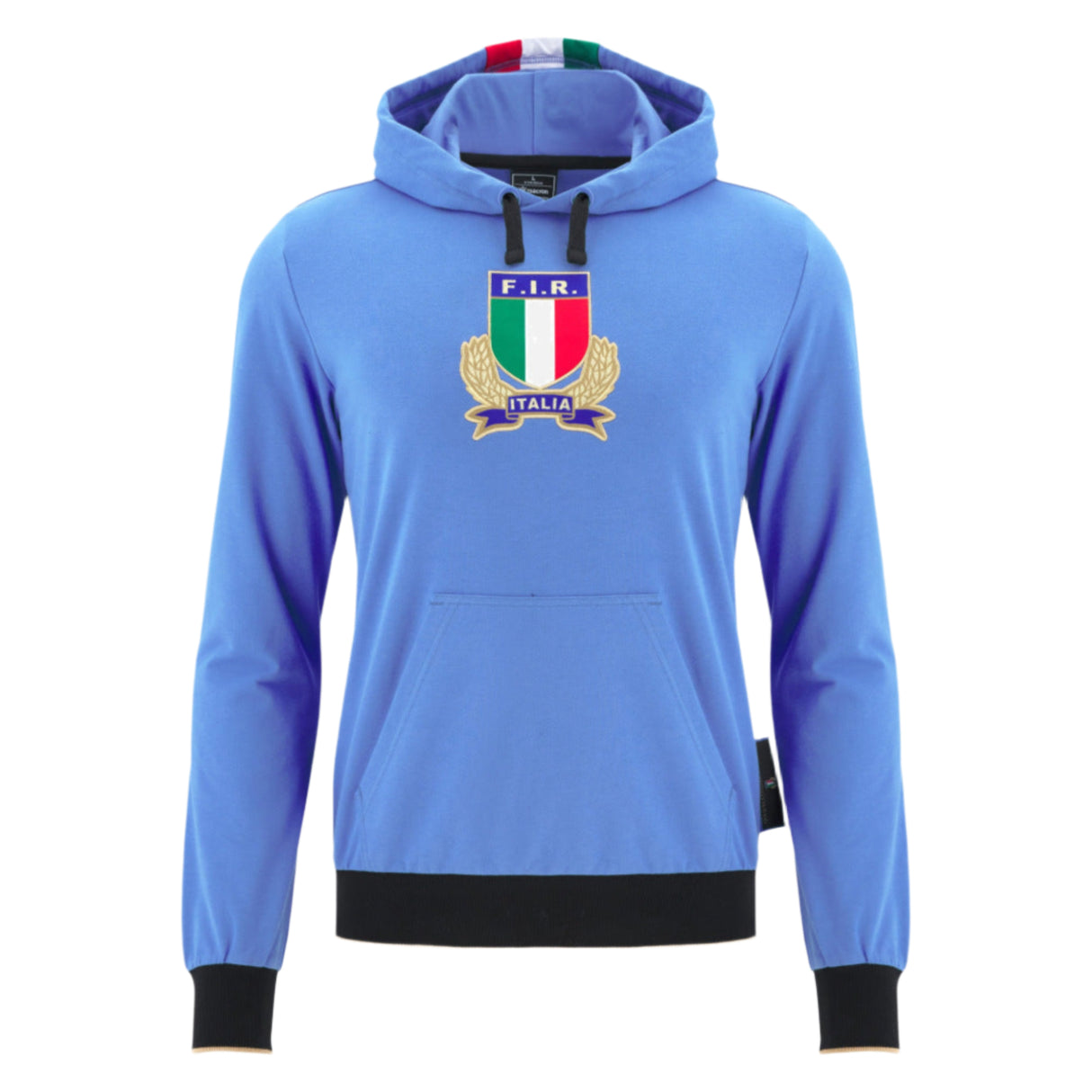 The Italy 25/26 Fleece Supporters Hoodie by Macron features a blue design, black drawstrings, front pouch pocket, laurel-embroidered F.I.R. Italia crest, and green/white/red stripes in the hood—a classic rugby hoodie from Macron.