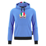 The Italy 25/26 Fleece Supporters Hoodie by Macron features a blue design, black drawstrings, front pouch pocket, laurel-embroidered F.I.R. Italia crest, and green/white/red stripes in the hood—a classic rugby hoodie from Macron.