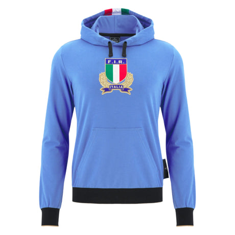 The Italy 25/26 Fleece Supporters Hoodie by Macron features a blue design, black drawstrings, front pouch pocket, laurel-embroidered F.I.R. Italia crest, and green/white/red stripes in the hood—a classic rugby hoodie from Macron.