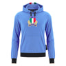 The Italy 25/26 Fleece Supporters Hoodie by Macron features a blue design, black drawstrings, front pouch pocket, laurel-embroidered F.I.R. Italia crest, and green/white/red stripes in the hood—a classic rugby hoodie from Macron.