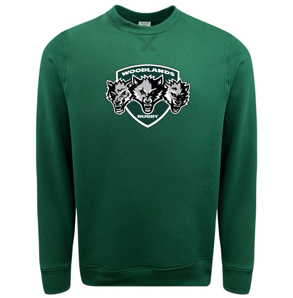 The WRS Augusta Woodlands Youth Wolfpack Crewneck Sweatshirt showcases a "Woodlands Rugby" logo with three wolf heads on the chest and is made from soft athletic fleece for comfort and warmth.