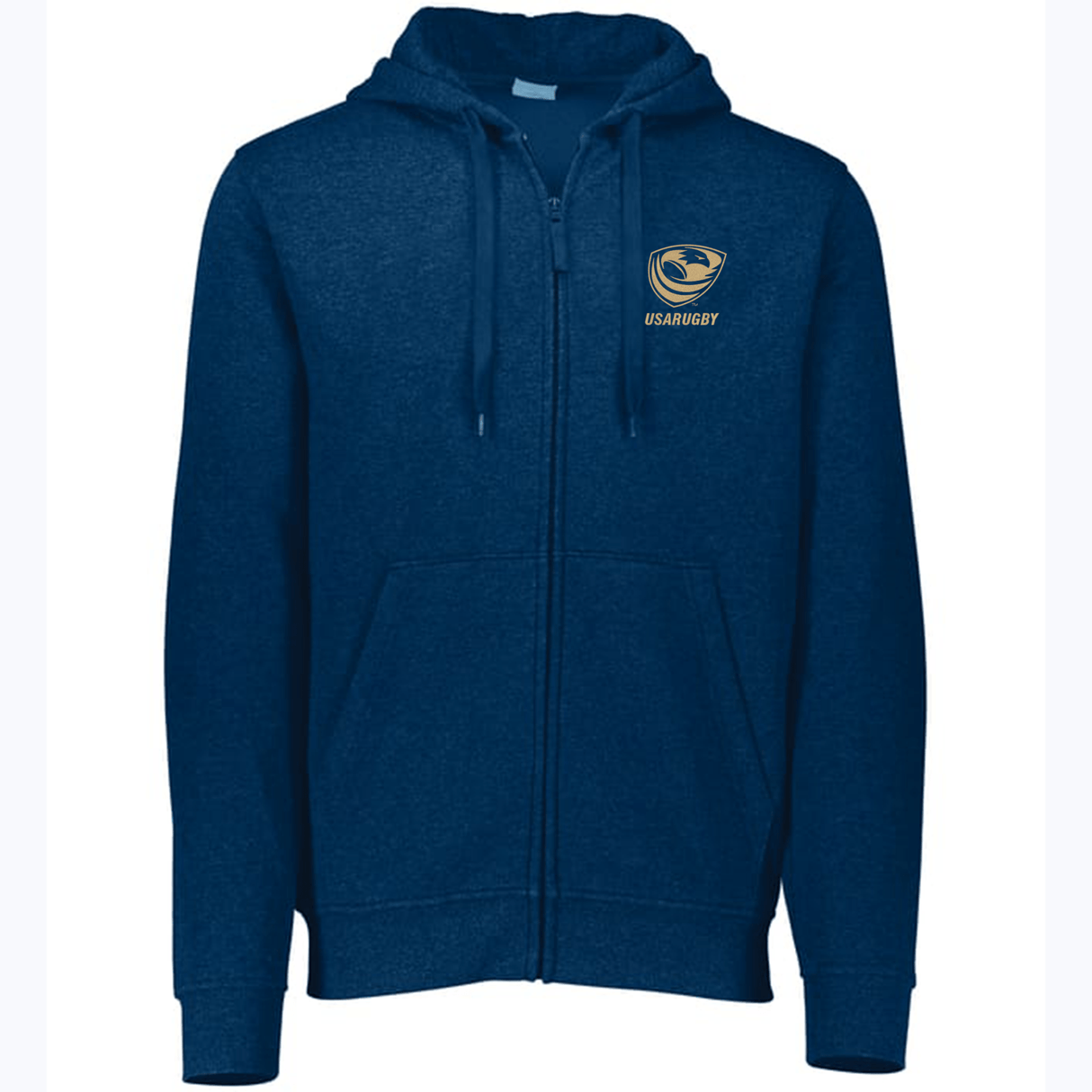 A navy blue zip-up hoodie, now dubbed the "USA Rugby Bronze Fleece Full Zip Hoodie," showcases a "USARUGBY" logo featuring an eagle's head on the left chest area. This stylish piece from EMB Augusta features a drawstring hood and two front pockets, celebrating the Women's team bronze medal achievement in rugby.