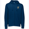 A navy blue zip-up hoodie, now dubbed the "USA Rugby Bronze Fleece Full Zip Hoodie," showcases a "USARUGBY" logo featuring an eagle's head on the left chest area. This stylish piece from EMB Augusta features a drawstring hood and two front pockets, celebrating the Women's team bronze medal achievement in rugby.