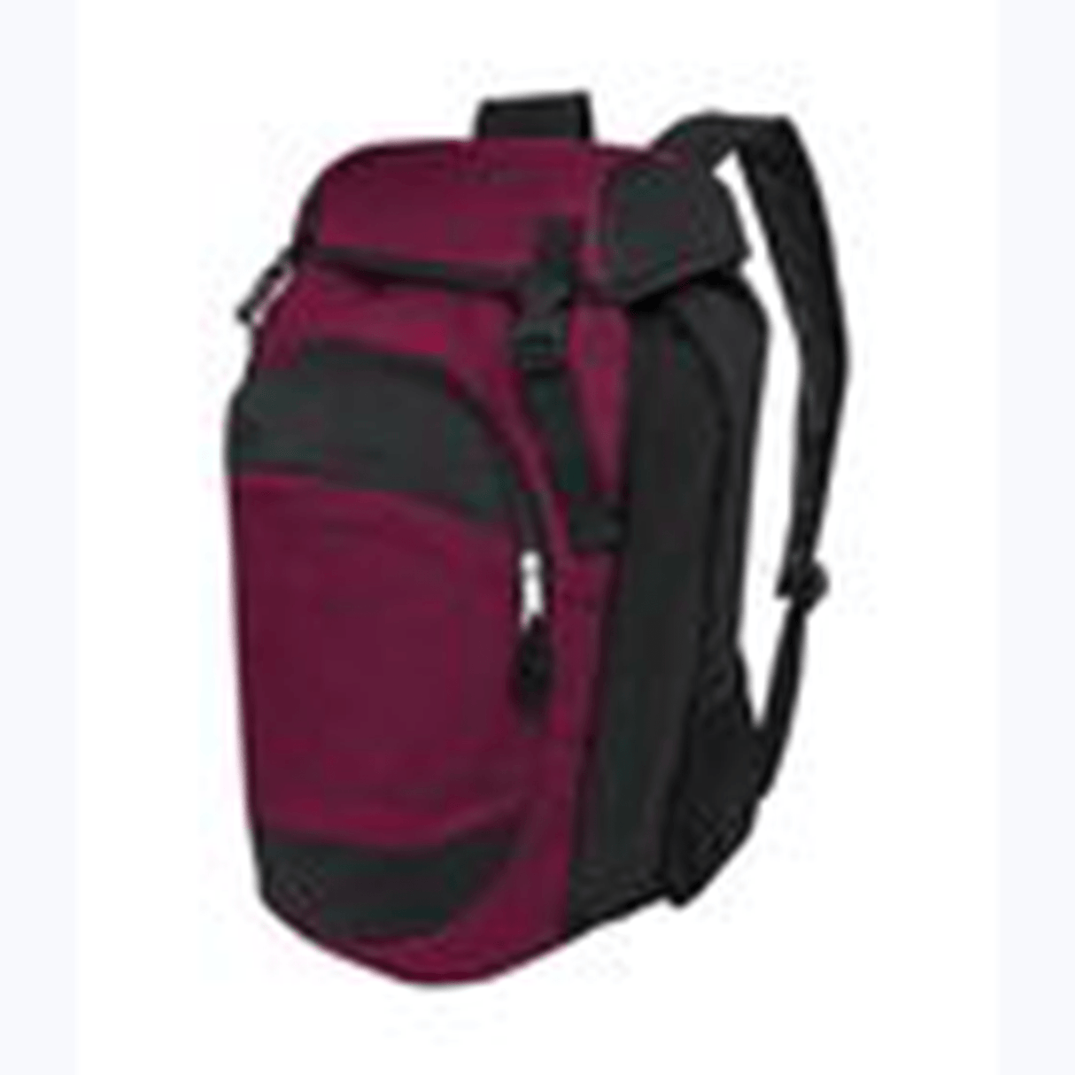 A dark red and black High5 Gear Bag backpack with a vertical design, featuring multiple compartments and adjustable backpack shoulder straps by Augusta Sportswear.