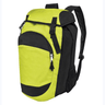 Bright lime green and black athletic High5 gear bag from Augusta Sportswear, with outer zip pockets and padded backpack shoulder straps, isolated on a white background.