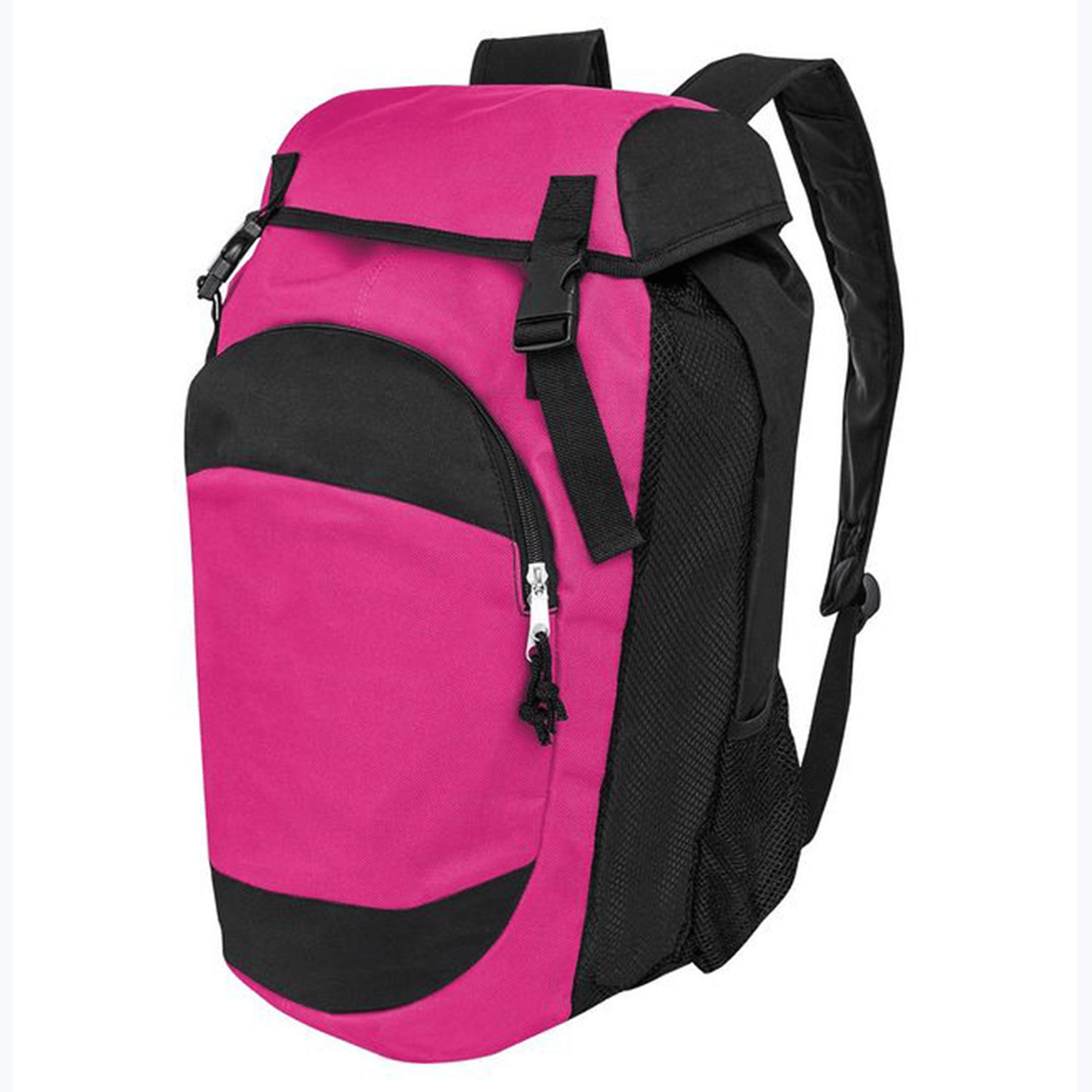 High5 Gear Bag by Augusta Sportswear, pink with black trim and mesh side pocket, featuring adjustable backpack shoulder straps and a top handle.