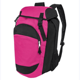 High5 Gear Bag by Augusta Sportswear, pink with black trim and mesh side pocket, featuring adjustable backpack shoulder straps and a top handle.