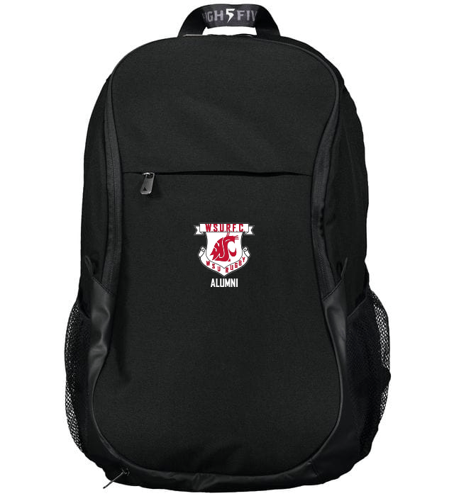 a WRS Augusta Washington State Rugby Alumni Free Form Rugby Backpack with a red and white crest on it.