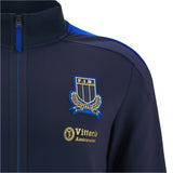 Close-up of the Italy 25/26 Anthem Jacket by Macron in navy, featuring the F.I.R. Italia crest and "Vittoria Assicurazioni" logo on the chest.