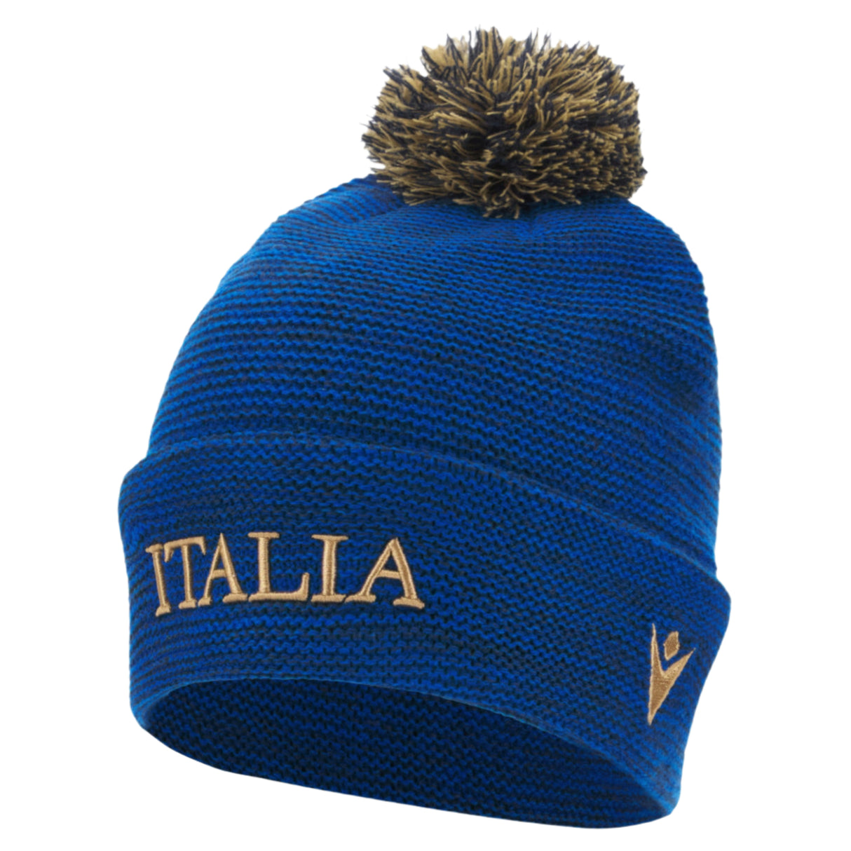 Show your support with the Italy 25/26 Supporters Pom-Pom Beanie by Macron—a blue knit beanie featuring "ITALIA," a gold embroidered logo, and brown pompom. Perfect for passionate Italy rugby fans.