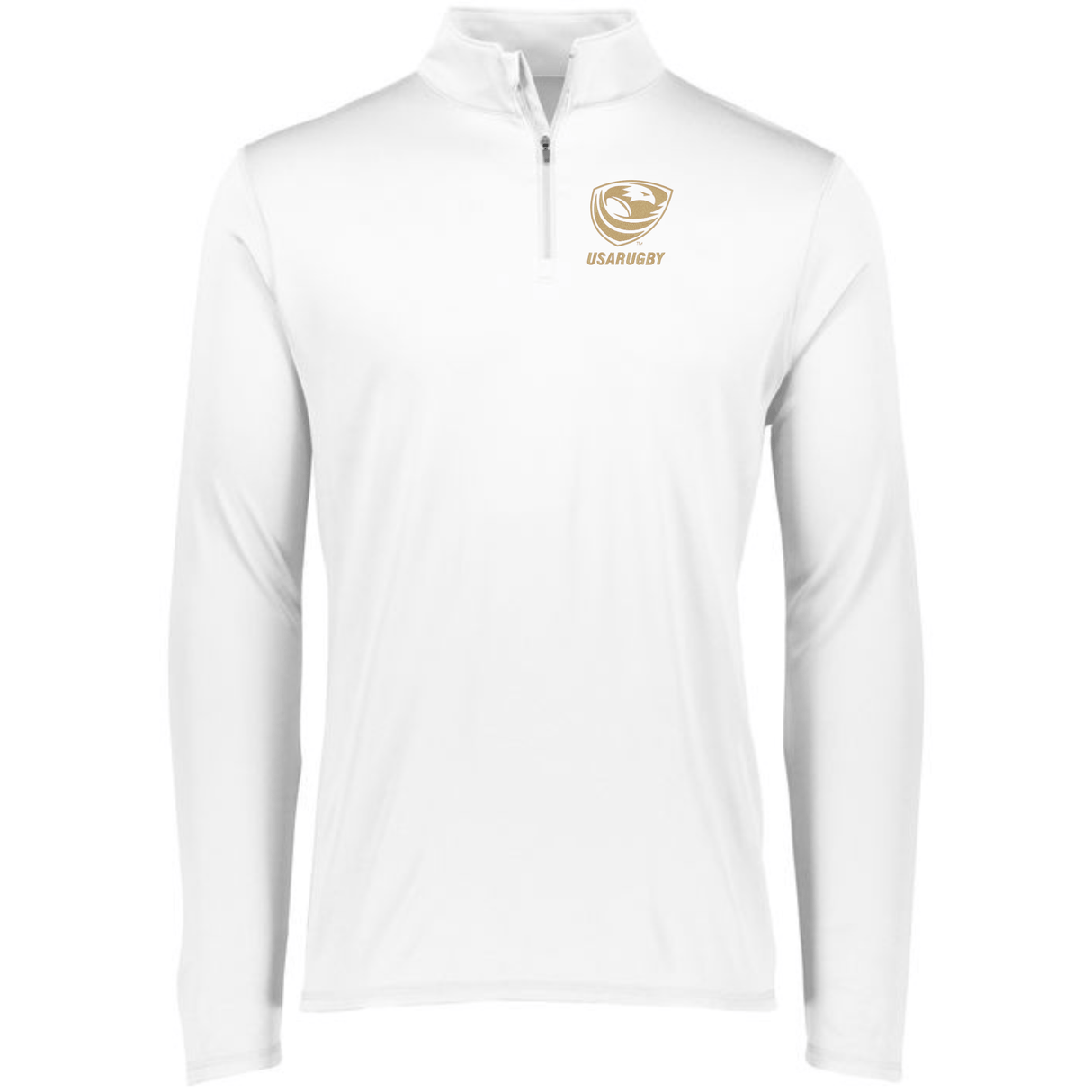 USA Rugby Bronze 1/4 Zip Pullover by EMB Augusta: This white long-sleeve quarter-zip shirt features a gold USA Rugby logo on the left chest, celebrating the Women's first bronze medal.