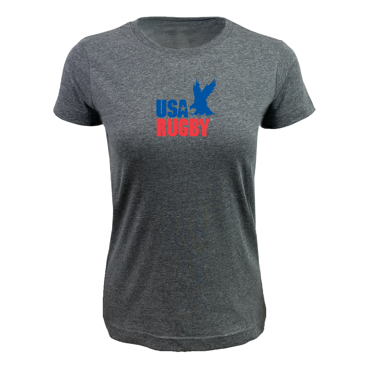 Show your spirit in the EMB LAT Women's USA Rugby Throwback Supersoft Tee—a gray tee with a blue eagle silhouette and bold "USA Rugby" text in blue and red on the front.