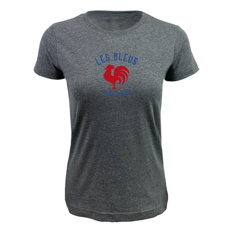 The Women's Les Bleus France Rugby Supersoft Tee by EMB LAT is a heather gray shirt with a red rooster and blue “LES BLEUS” and “FIERTÉ DE SOI” text—perfect for France Rugby and Les Bleus fans.