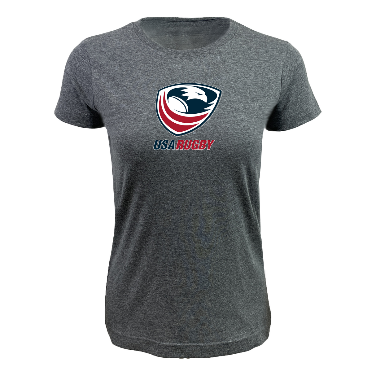 The EMB LAT Women's USA Rugby Crest Supersoft Tee in heather gray features short sleeves and a bold red and blue USA Rugby logo on the front.