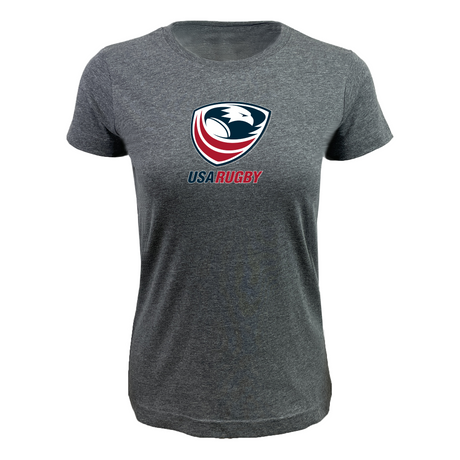The EMB LAT Women's USA Rugby Crest Supersoft Tee in heather gray features short sleeves and a bold red and blue USA Rugby logo on the front.