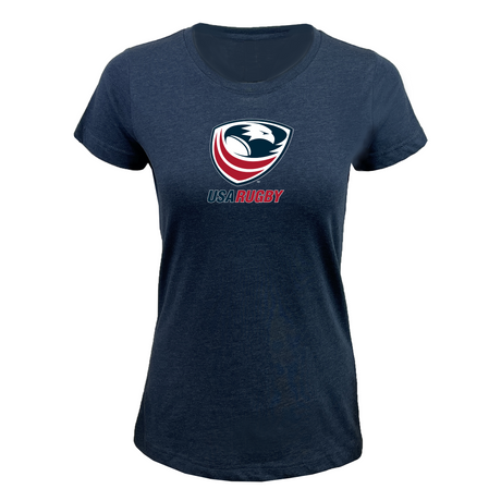 The EMB LAT Women's USA Rugby Crest Supersoft Tee in navy features the USA Rugby eagle logo and "USA RUGBY" text on the front, embodying the iconic Rugby Crest spirit.
