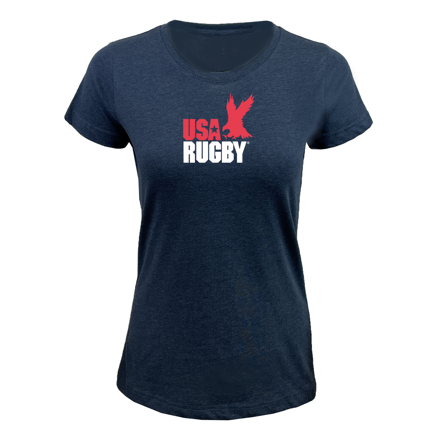The EMB LAT Women's USA Rugby Throwback Supersoft Tee is navy blue with a red eagle and bold "USA RUGBY" in red and white on the front.