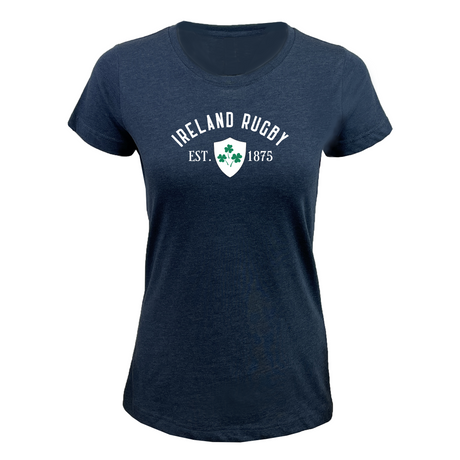 The EMB LAT Women's Ireland Rugby Est 1875 Supersoft Tee in navy features "Ireland Rugby Est. 1875" and a shamrock crest—an essential rugby shirt for fans.