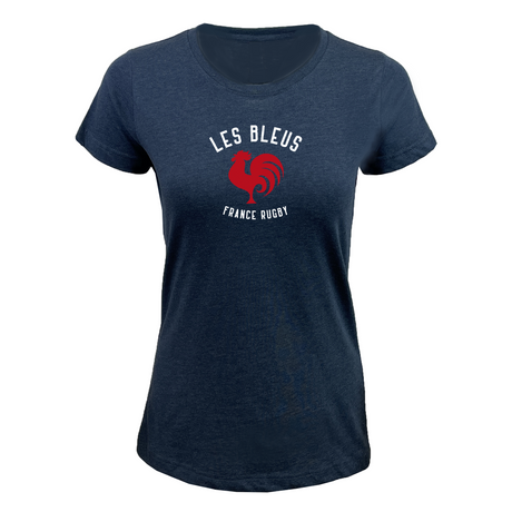 EMB LAT Women's Les Bleus France Rugby Supersoft Tee in navy blue with "LES BLEUS FRANCE RUGBY" text and a bold red rooster graphic on the front.