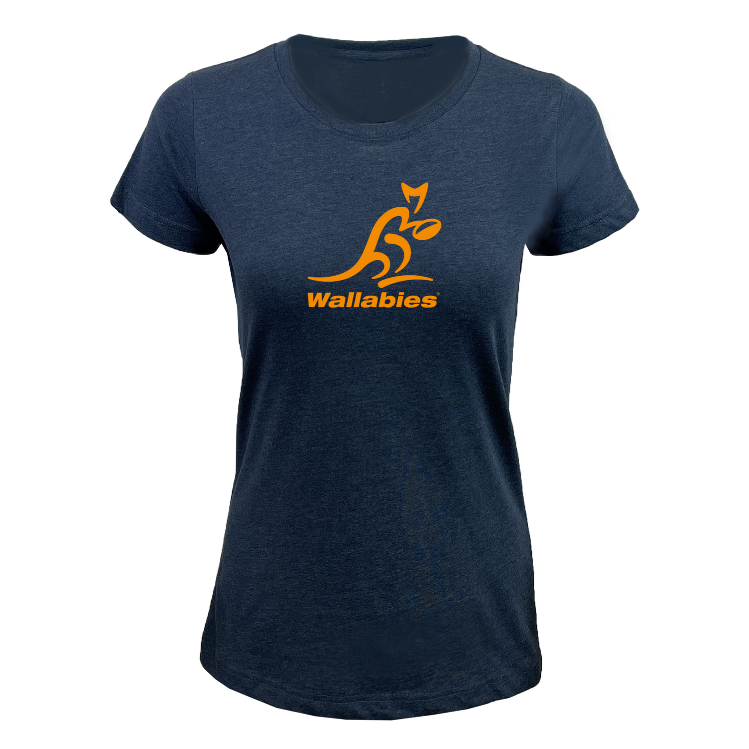 The EMB LAT Women's Wallabies Supersoft Tee in navy features an orange kangaroo outline and "Wallabies" print—an ultra-comfy, stylish go-to rugby shirt.