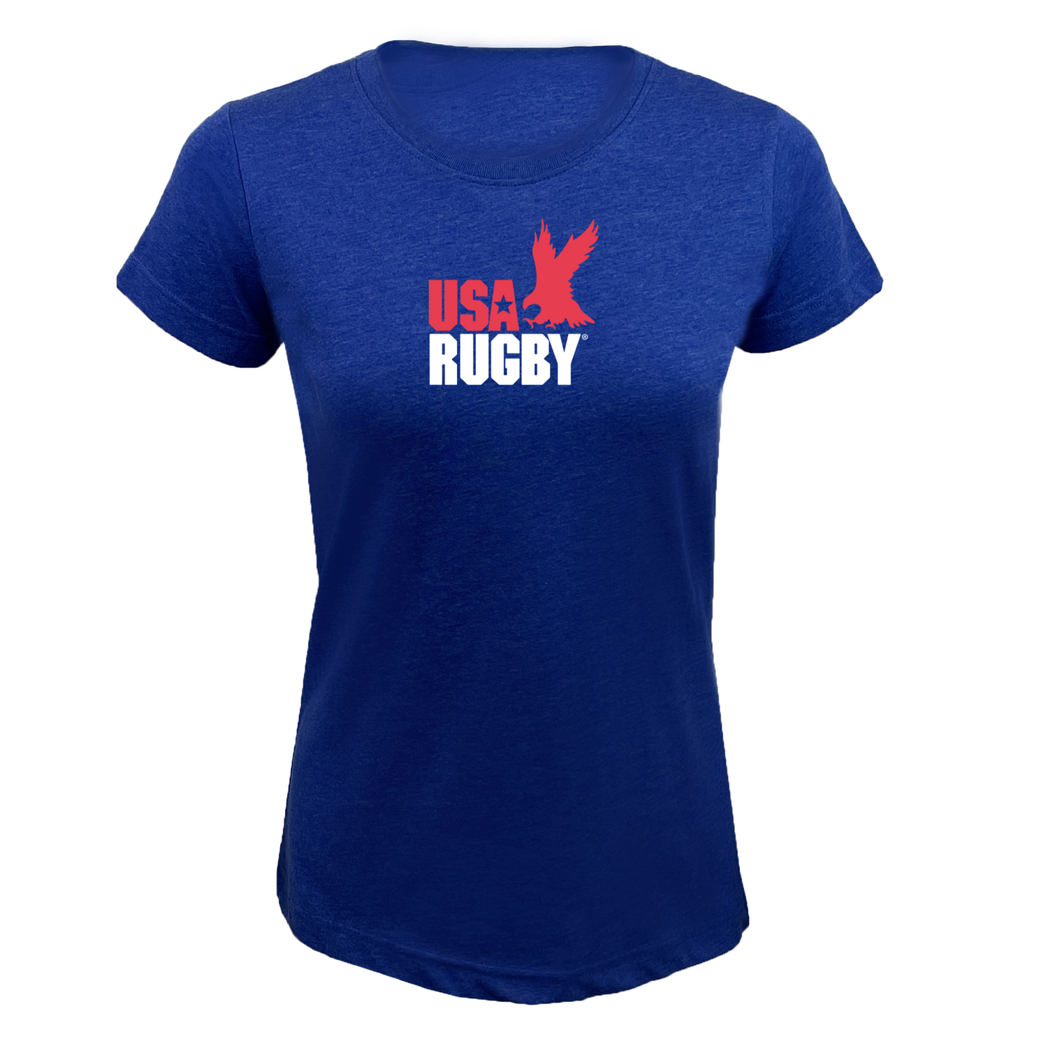 The Women's USA Rugby Throwback Supersoft Tee by EMB LAT features "USA Rugby" in red and white and a bold red eagle graphic above "Rugby.