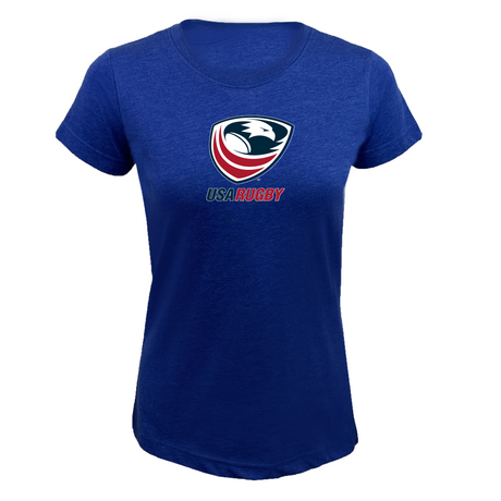 The EMB LAT Women's USA Rugby Crest Supersoft Tee features a stylized eagle logo in vibrant red, white, and blue on the chest.