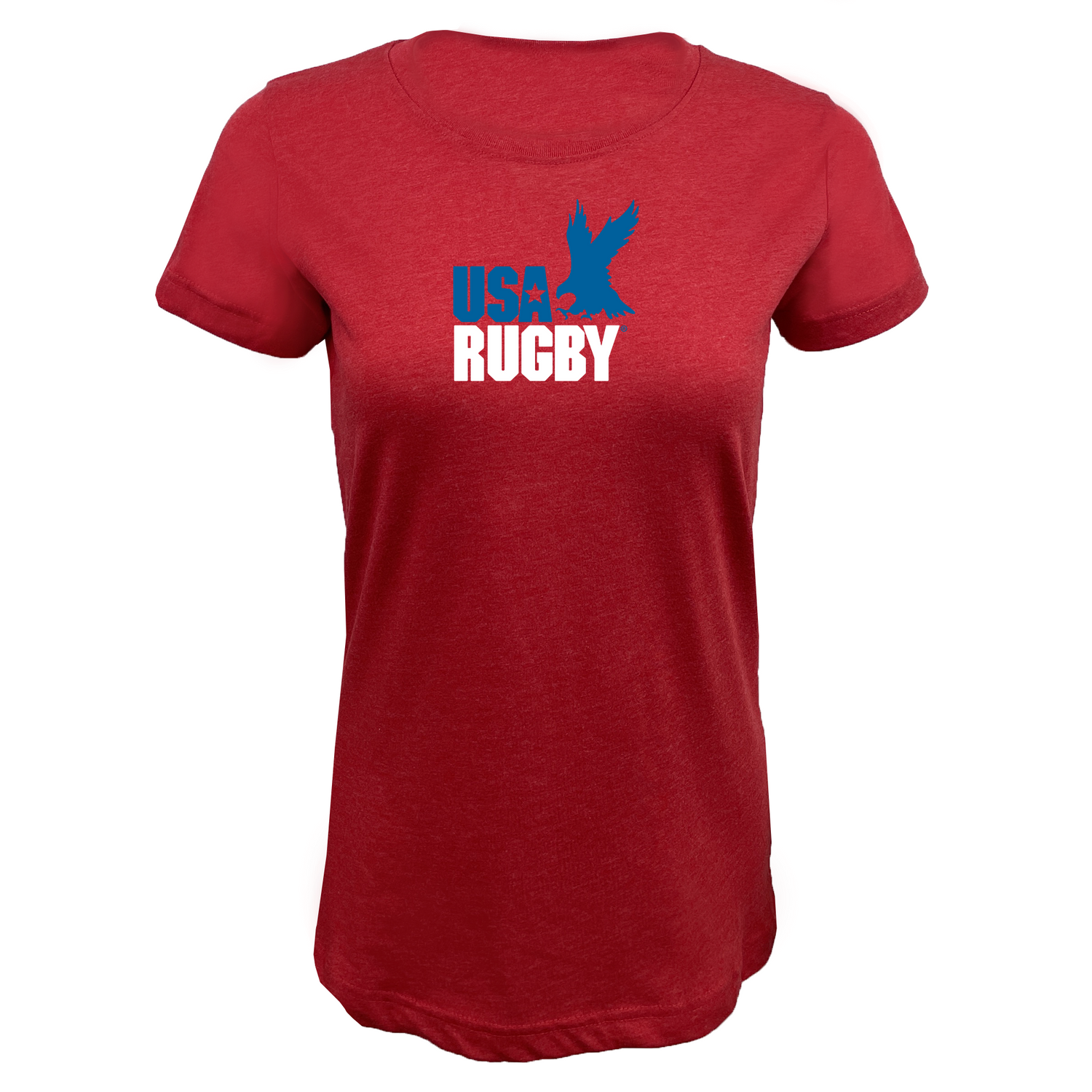 The EMB LAT Women's USA Rugby Throwback Supersoft Tee is a red shirt featuring "USA Rugby" in blue and white with a blue eagle graphic above "Rugby.