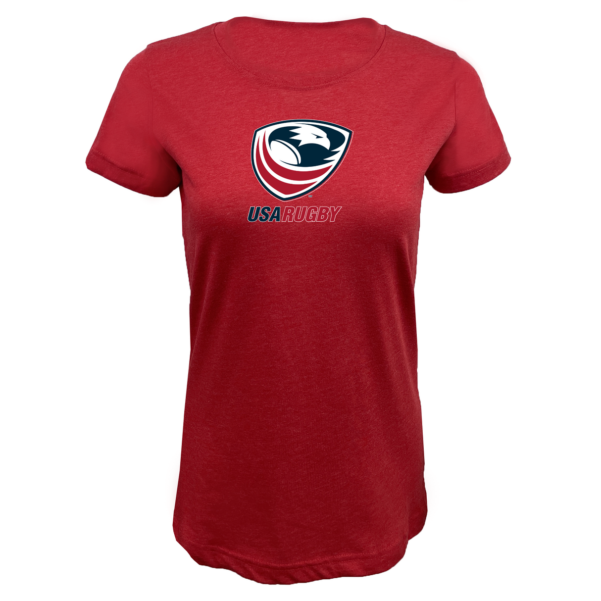 The EMB LAT Women's USA Rugby Crest Supersoft Tee features a red design with the USA Rugby Crest and bold "USA RUGBY" text on the front.