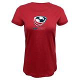 The EMB LAT Women's USA Rugby Crest Supersoft Tee features a red design with the USA Rugby Crest and bold "USA RUGBY" text on the front.
