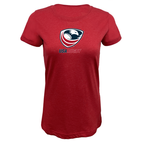 The EMB LAT Women's USA Rugby Crest Supersoft Tee features a red design with the USA Rugby Crest and bold "USA RUGBY" text on the front.