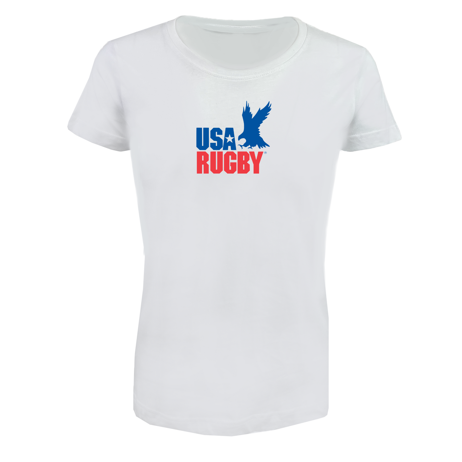 The Women's USA Rugby Throwback Supersoft Tee by EMB LAT showcases "USA Rugby" in bold blue and red with a blue eagle graphic above, blending a classic vintage look with exceptional comfort.