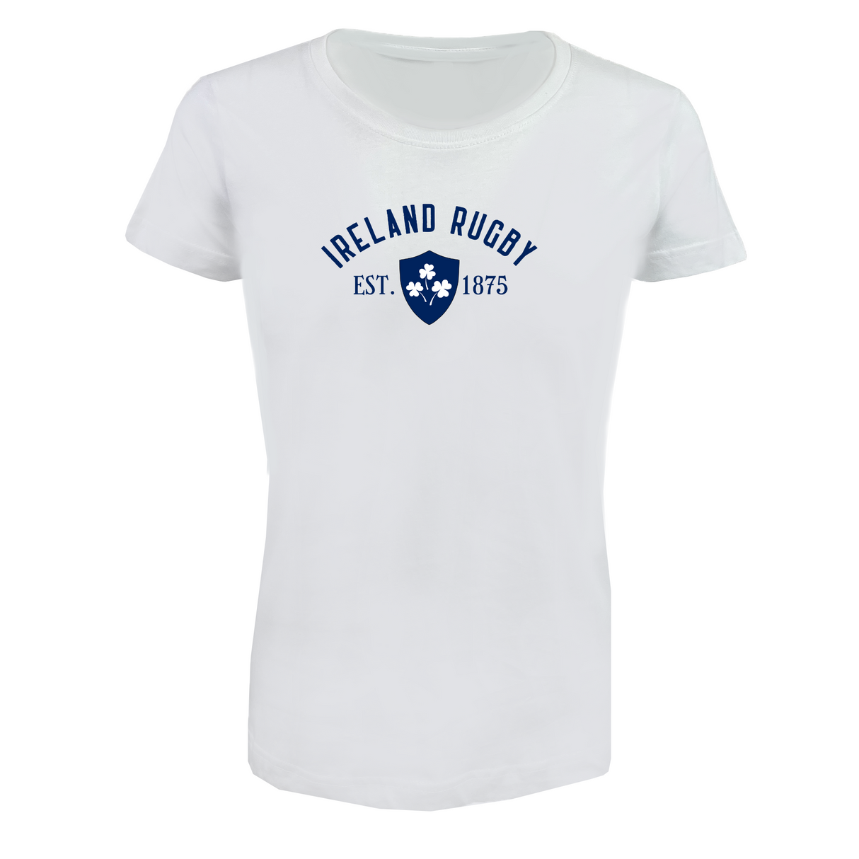 The EMB LAT Women's Ireland Rugby Est 1875 Supersoft Tee is a white, short-sleeved shirt featuring a blue "Ireland Rugby Est. 1875" emblem and shamrock crest—perfect as a Women's Rugby Shirt.