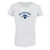 The EMB LAT Women's Ireland Rugby Est 1875 Supersoft Tee is a white, short-sleeved shirt featuring a blue "Ireland Rugby Est. 1875" emblem and shamrock crest—perfect as a Women's Rugby Shirt.