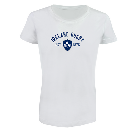 The EMB LAT Women's Ireland Rugby Est 1875 Supersoft Tee is a white, short-sleeved shirt featuring a blue "Ireland Rugby Est. 1875" emblem and shamrock crest—perfect as a Women's Rugby Shirt.