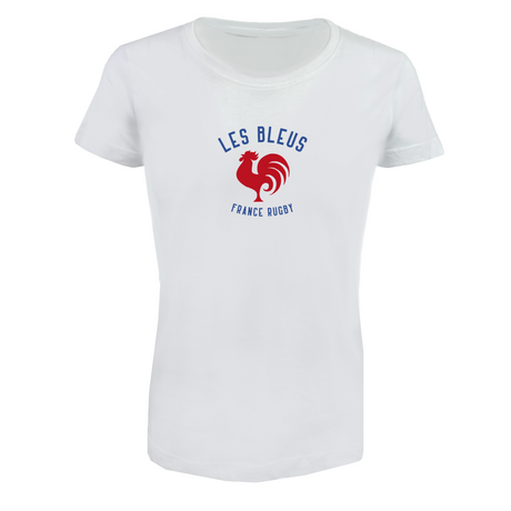 The EMB LAT Women's Les Bleus France Rugby Supersoft Tee features a red rooster and "LES BLEUS" and "FRANCE RUGBY" in blue on the front—perfect for showing your support in comfort and style.