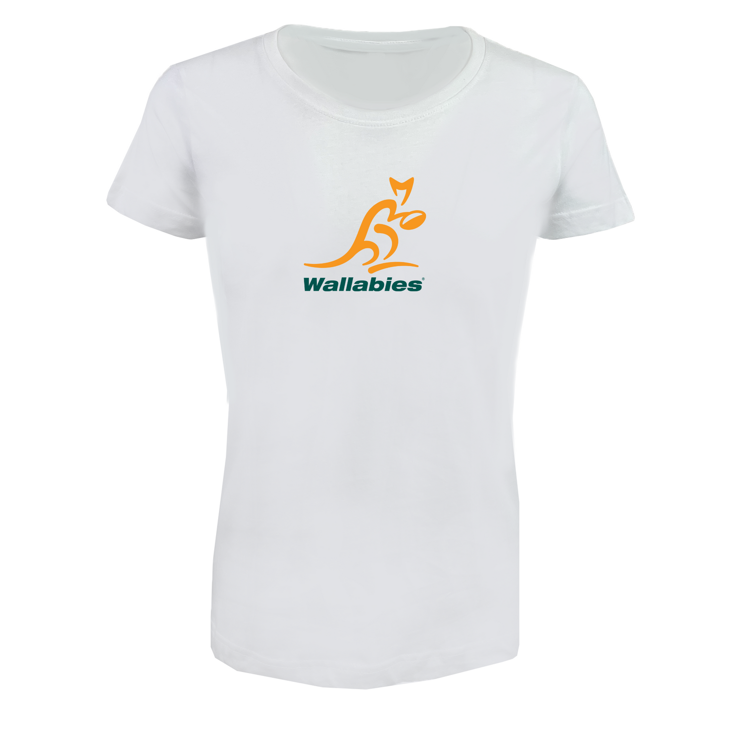 The EMB LAT Women's Wallabies Supersoft Tee features a yellow kangaroo and green "Wallabies" logo on the front—ideal for passionate rugby fans seeking comfort and style.