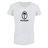 The EMB LAT Women's Fiji Supersoft Tee features a black palm tree logo above "FIJI RUGBY" on the front, offering comfort and style.