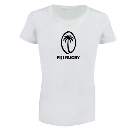 The EMB LAT Women's Fiji Supersoft Tee features a black palm tree logo above "FIJI RUGBY" on the front, offering comfort and style.