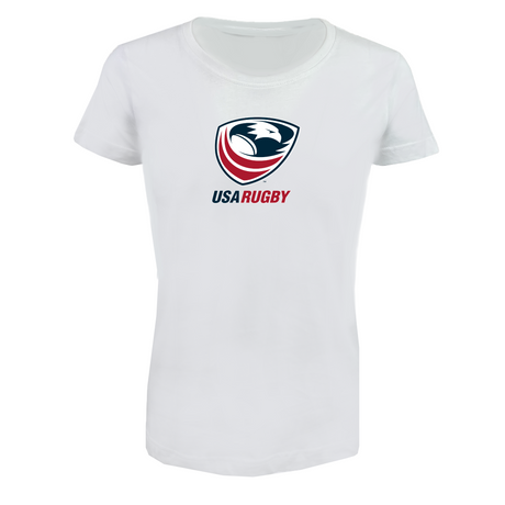 The EMB LAT Women's USA Rugby Crest Supersoft Tee features the Rugby Crest with a stylized eagle and "USA RUGBY" text—a comfy, stylish must-have for fans.